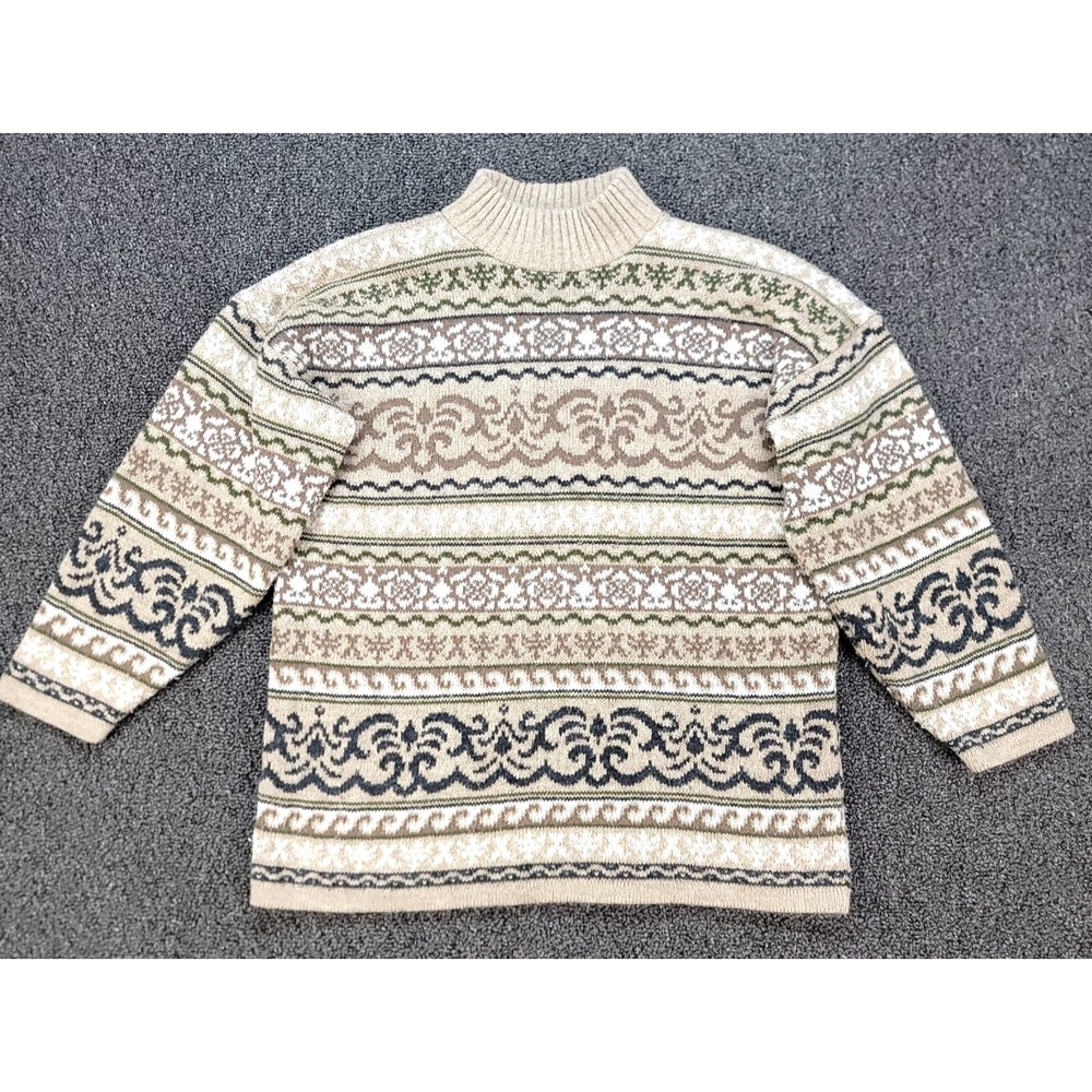Just For Petites Sweater PM Vintage Fair Isle Nordic Knit Pullover Beige 90s USA